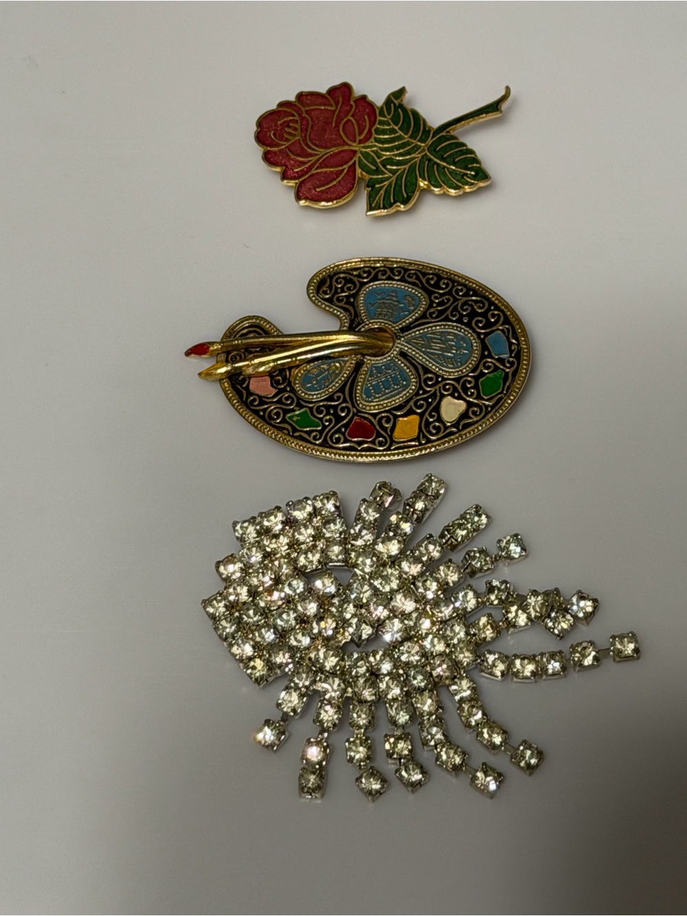 Vintage 3 piece Brooch Lot, Rose, Rhinestones, Art Palette